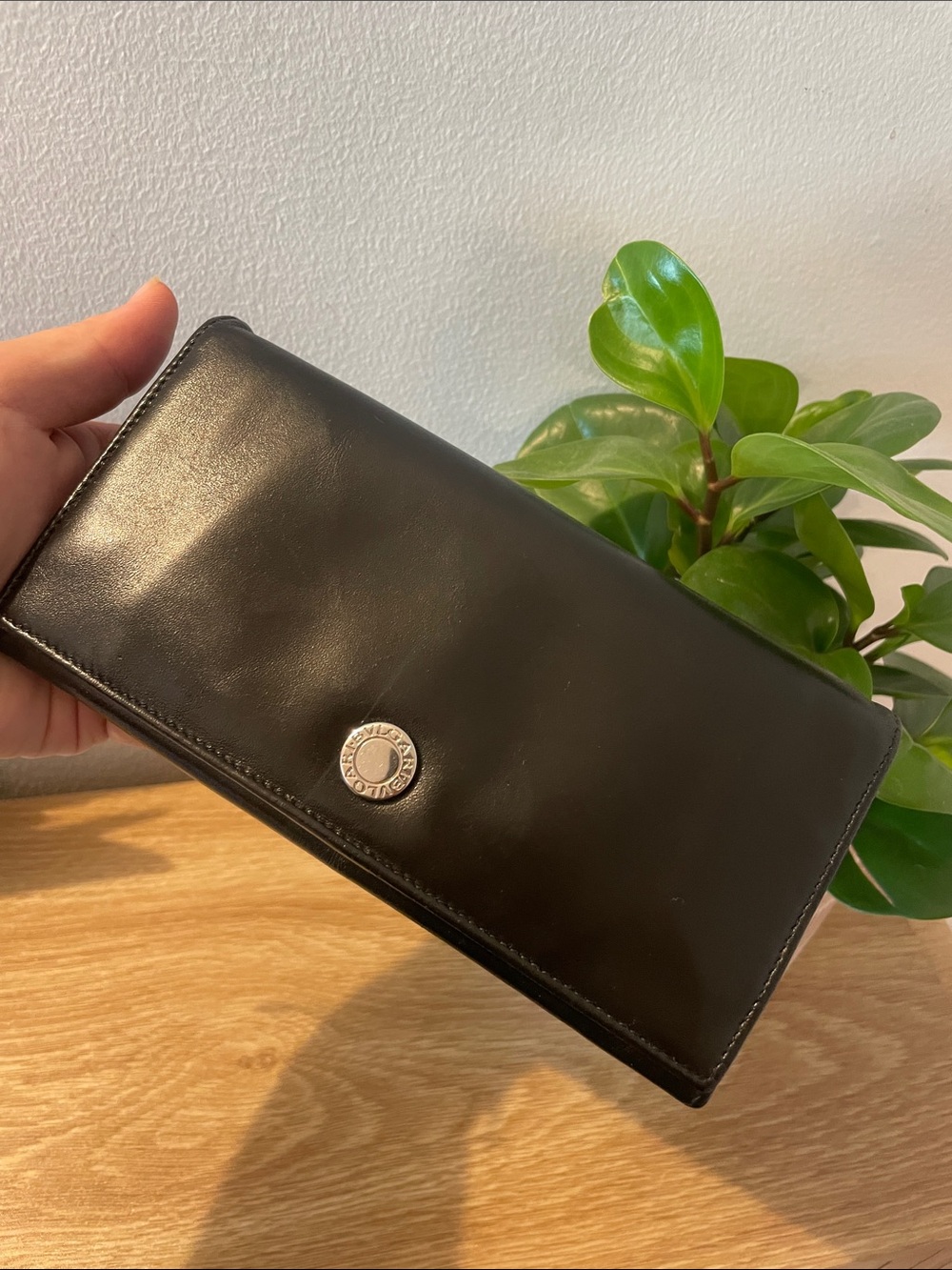Bulgari Black Leather Long Card Holder with Logo Button